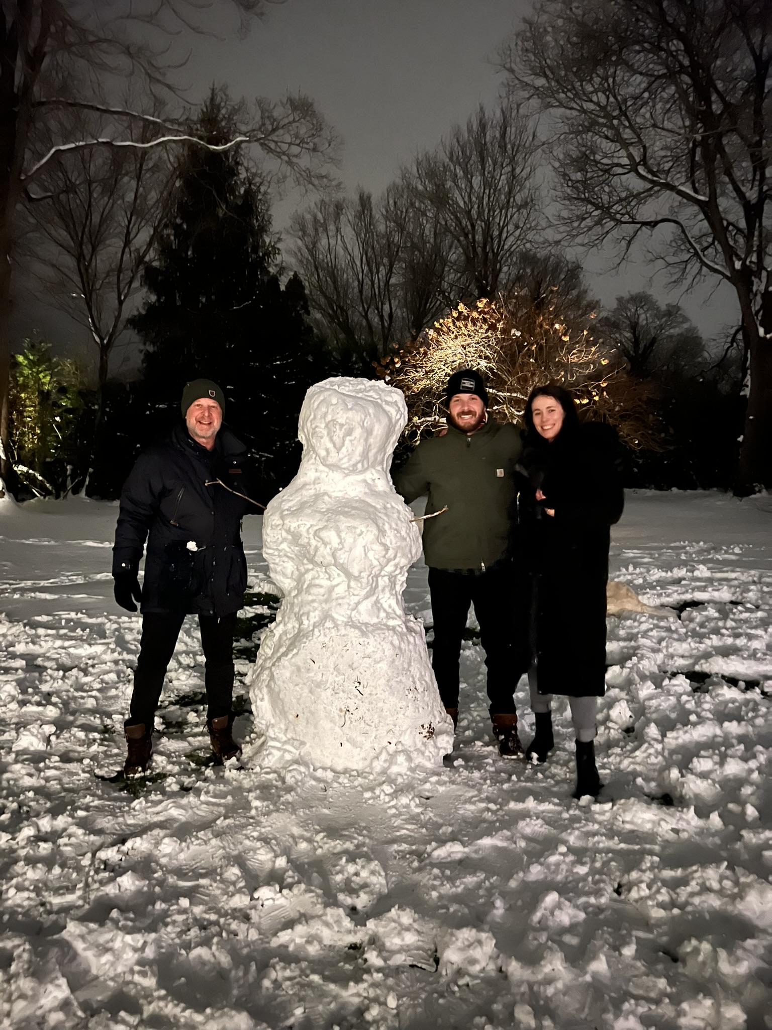 Building a snowman at the Long Island house